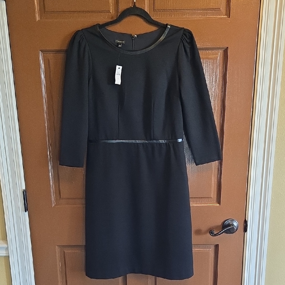 Talbots-Black round neck 3/4 sleeved dress with faux leather trim Sz 4. NWT.